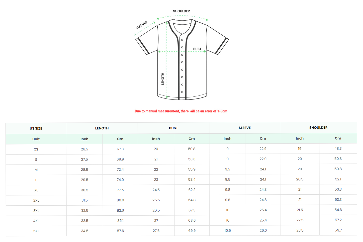 AOP Baseball Jersey Size Chart