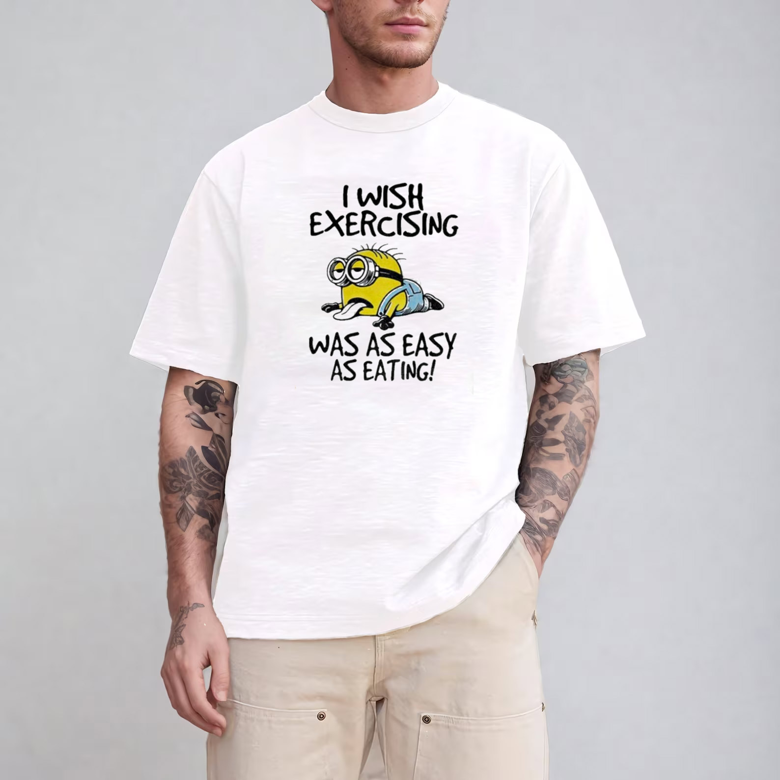 Wish Exercising Was As Easy As Eating Minion Cartoon T-shirt Wish Exercising Was As Easy As Eating Minion Cartoon T-shirt