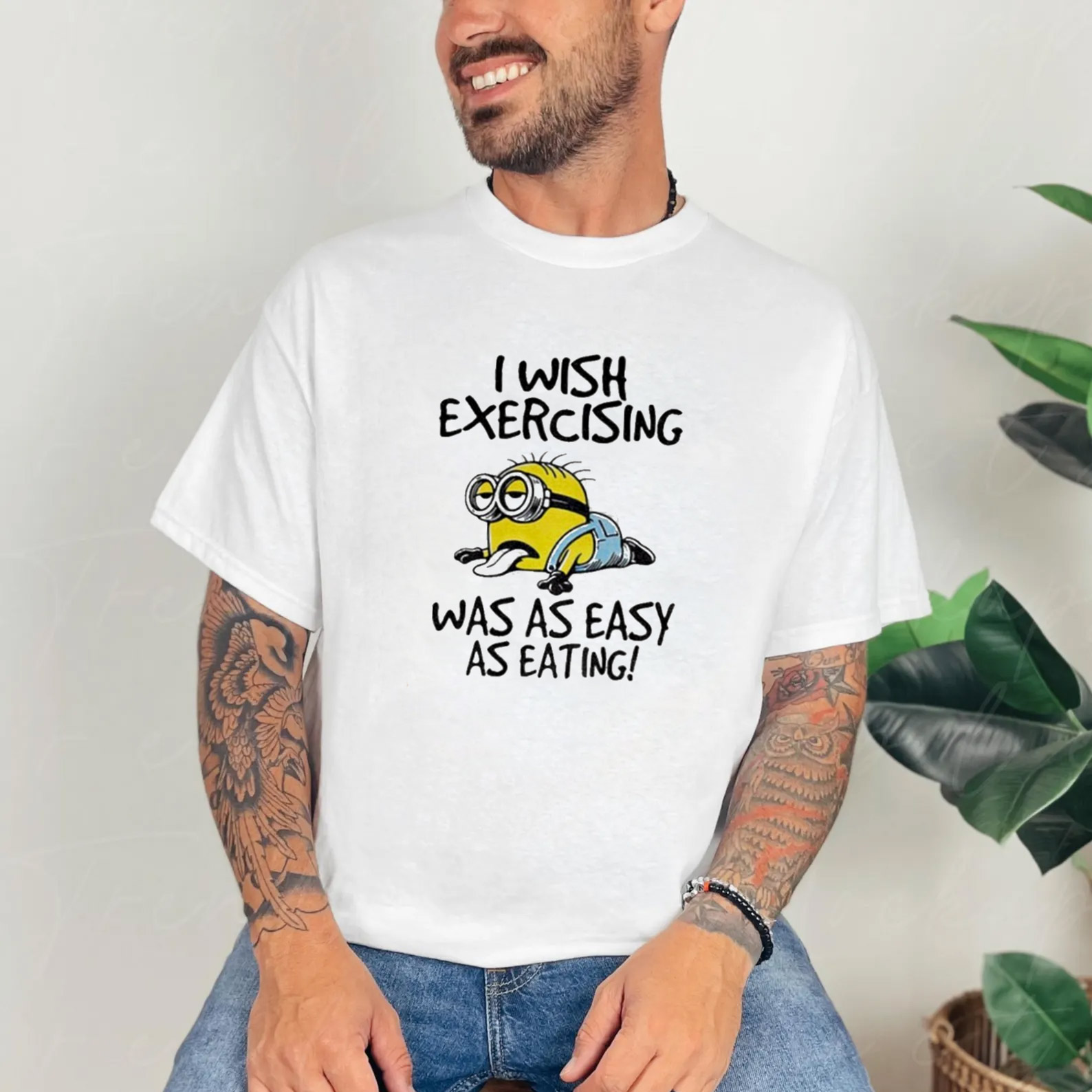 Wish Exercising Was As Easy As Eating Minion Cartoon T-shirt Wish Exercising Was As Easy As Eating Minion Cartoon T-shirt