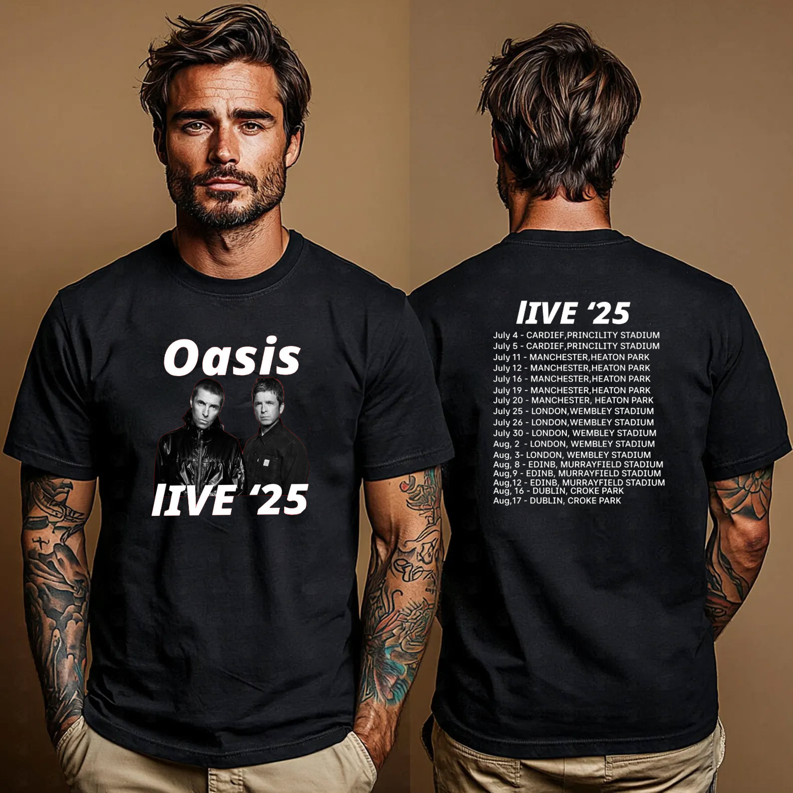 Live Oasis 2025 Tour Dates 2-sided T-shirt Live Oasis 2025 Tour Dates 2-sided T-shirt