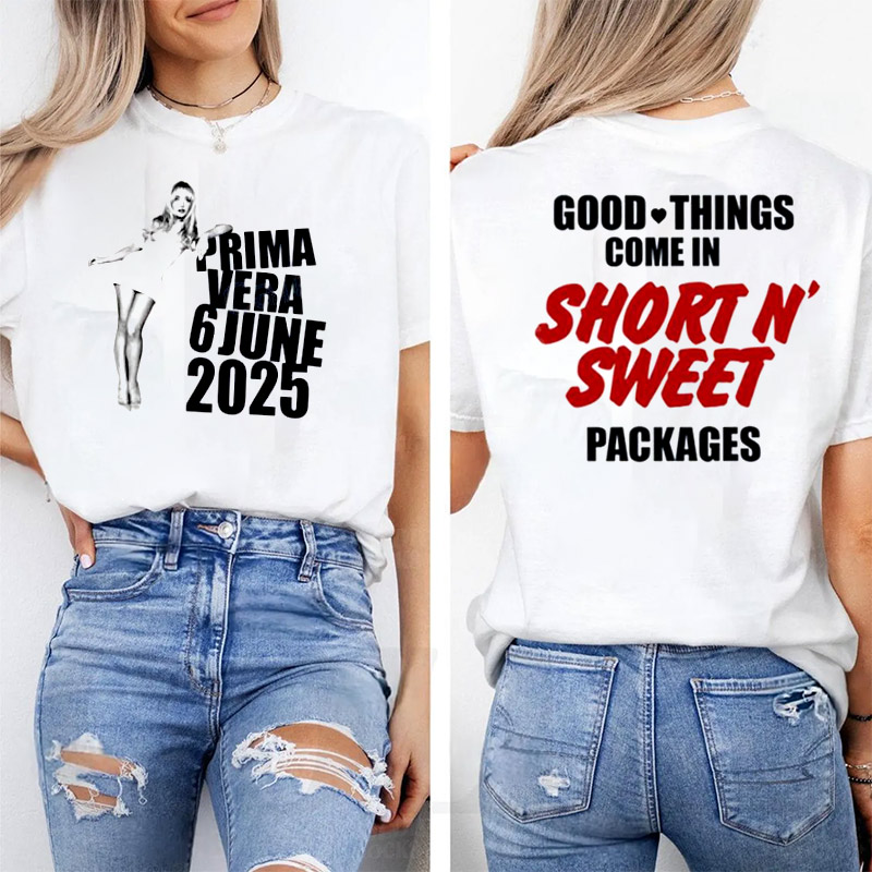 Short N’ Sweet Packages Sabrina Carpenter Primavera 2025 2-sided T-shirt Short N’ Sweet Packages Sabrina Carpenter Primavera 2025 2-sided T-shirt