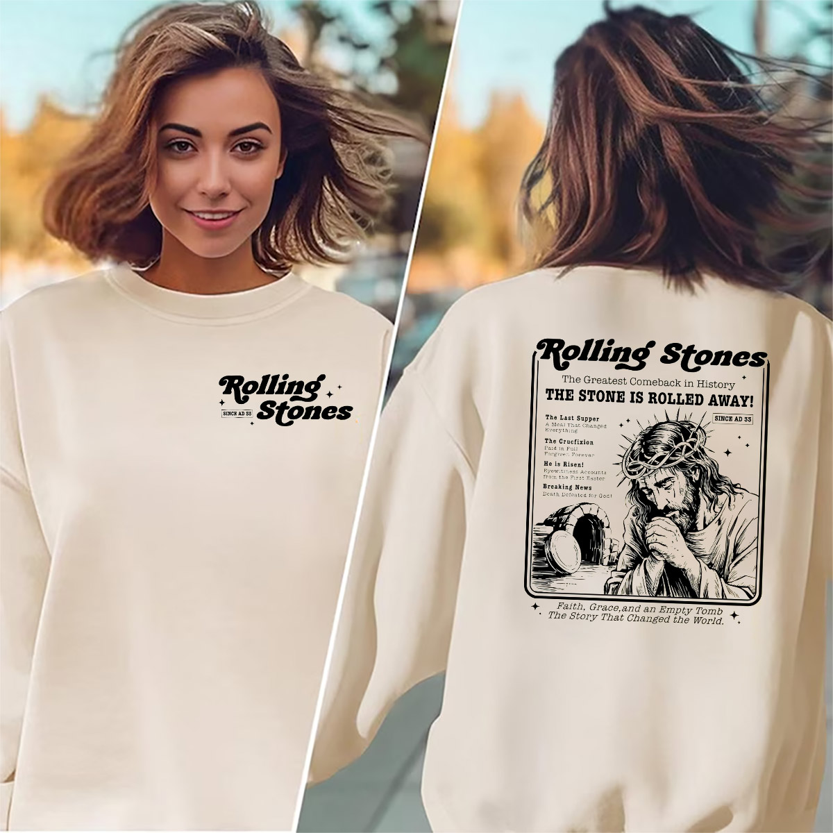 Vintage The Stone Is Rolled Away Christian Rolling Stones 2-sided T-shirt Vintage The Stone Is Rolled Away Christian Rolling Stones 2-sided T-shirt