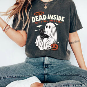 Black Cat Halloween Skeleton And Pumpkin Comfort Colors Tee 2