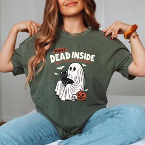 Black Cat Halloween Skeleton And Pumpkin Comfort Colors Tee