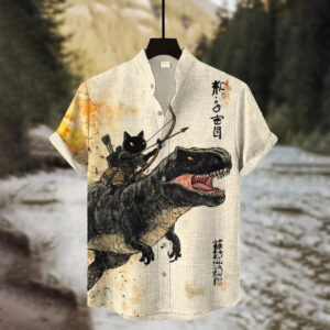 Black Cat Riding A Dinosaur Shooting Arrows Japanese Art Aloha Shirt Black Cat Riding A Dinosaur Shooting Arrows Japanese Art Aloha Shirt