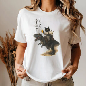 Cheer Samurai Cat Riding A dinosaur Japanese Art T shirt