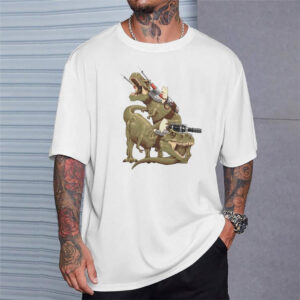 Cute Cat Riding T rex Machine Gun Funny Meme T shirt 1