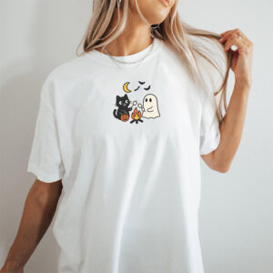 Cute Halloween Ghost and Cat Marshmallows Campfire Comfort Colors Shirt 2