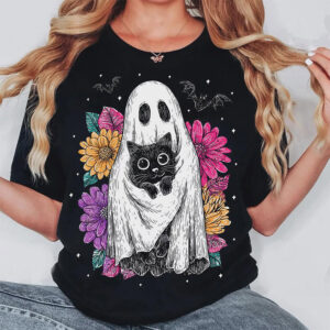 Ghost Cat Floral Halloween Shirt