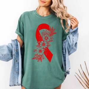 Heart Disease Awareness Floral Red Ribbon Comfort Colors Tee