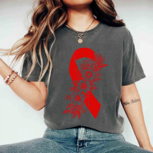 Heart Disease Awareness Floral Red Ribbon Comfort Colors Tee 3