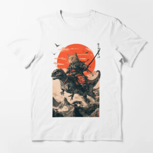 Samurai Cat Riding A Dinosaur Sunset Japanese Style T shirt 2