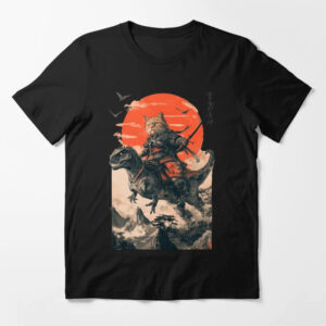 Samurai Cat Riding A Dinosaur Sunset Japanese Style T shirt 3