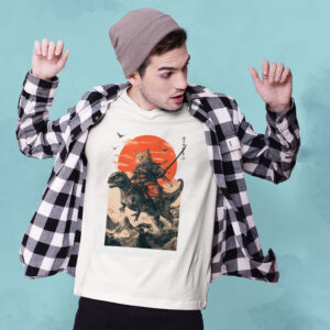 Samurai Cat Riding A Dinosaur Sunset Japanese Style T shirt