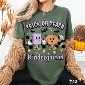 Trick or Teach Halloween Kindergarten Teacher Comfort Colors T shirt 2