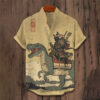Vintage Japanese Cat Samurai Riding A Dinosaur Ukiyo Hawaiian Shirt