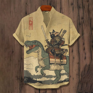 Vintage Japanese Cat Samurai Riding A Dinosaur Ukiyo Hawaiian Shirt Vintage Japanese Cat Samurai Riding A Dinosaur Ukiyo Hawaiian Shirt